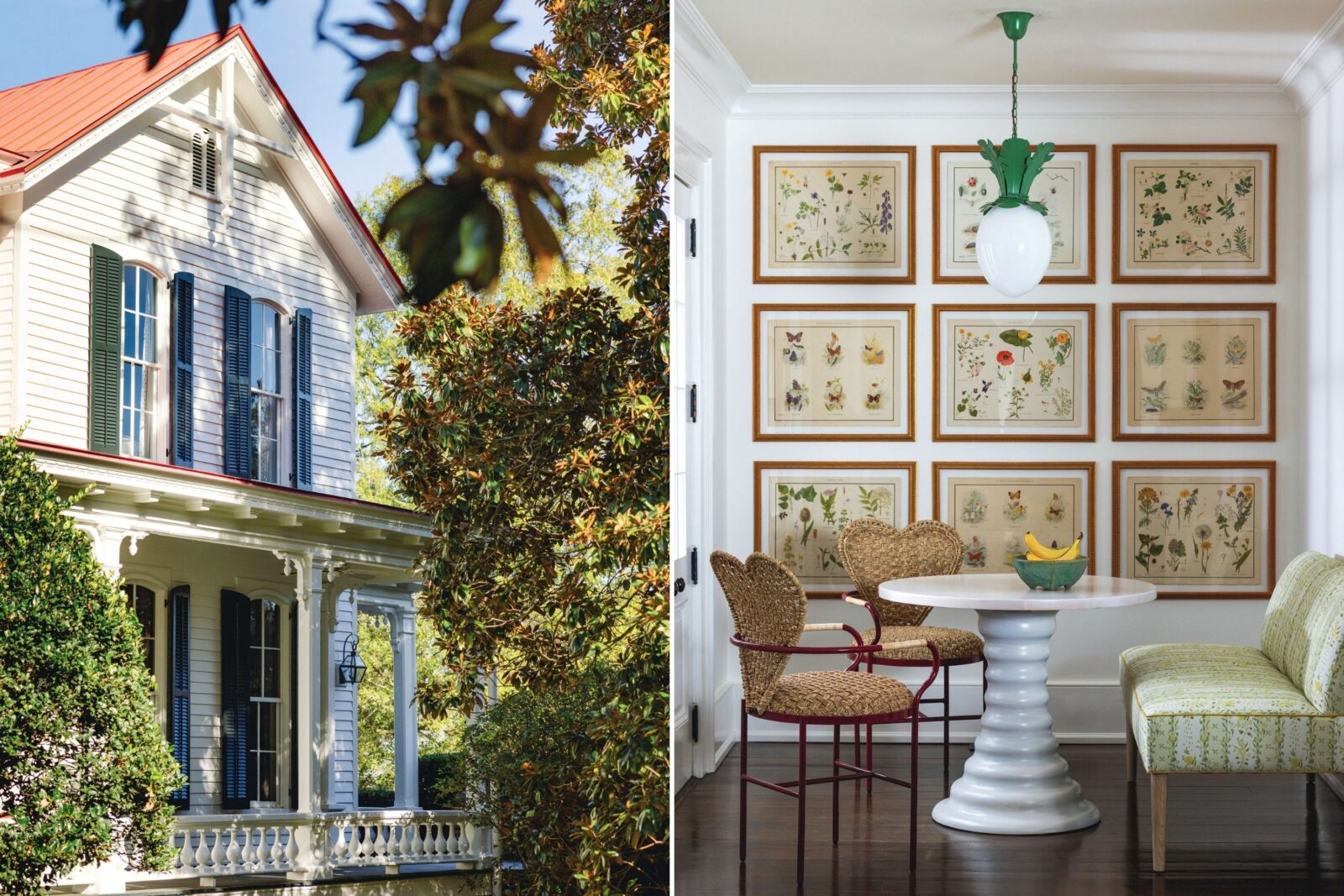 A Victorian house with white siding and a red roof; botanical prints in a breakfast nook