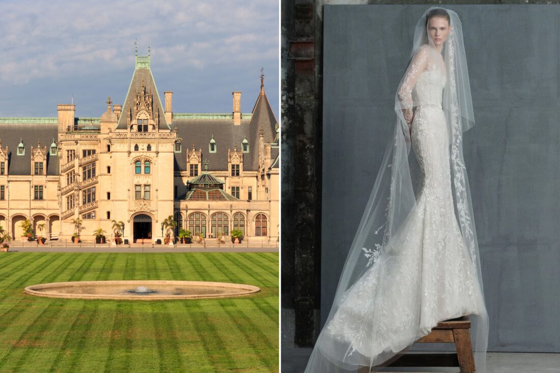 Two photos: The historic Biltmore Estate, a woman in a wedding dress