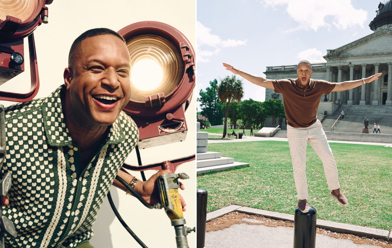 A collage of two images: Craig Melvin smiles in front of lights; he balances on a pole in front of the South Carolina state house
