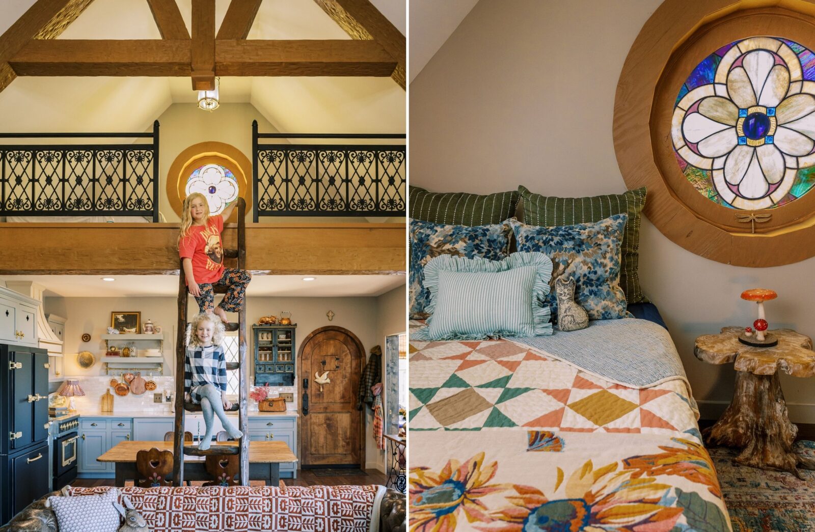 Two little girls sit on a ladder in a cabin; a round stained glass window