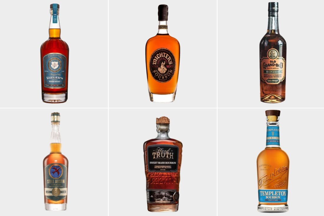 A collage of bourbon bottles