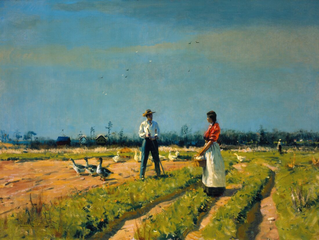 an painting of people and ducks on a farm