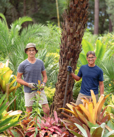 A pair of gardeners stand in a patch of colorful bromeliads