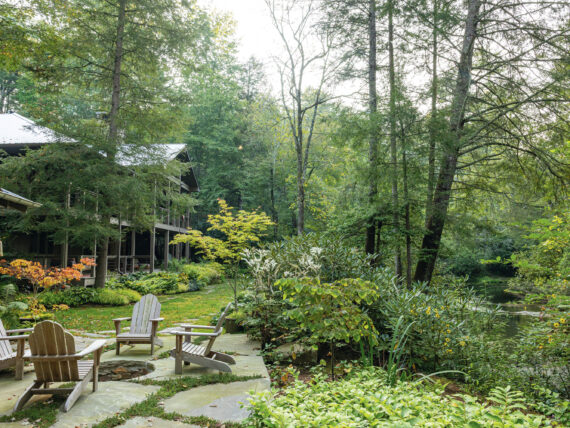 A garden at the back of a house in woodland. It has a firepit surrounded by chairs