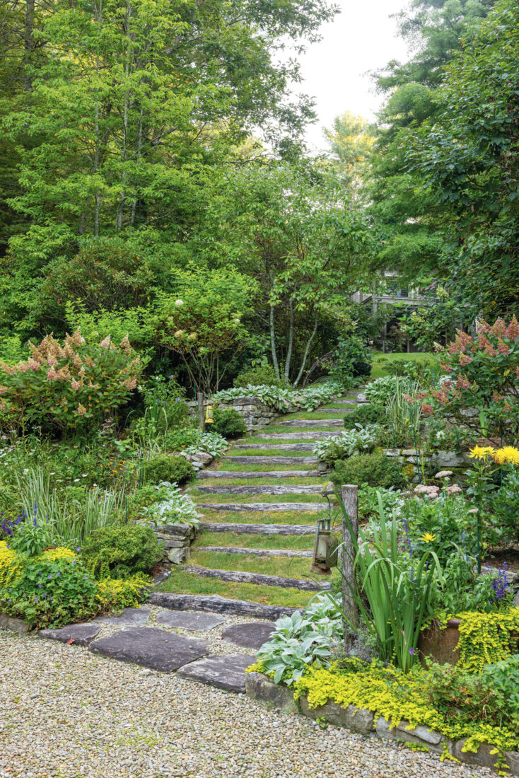 Rock and mossy steps in a garden surrounded by flowers