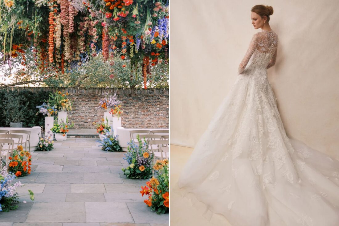Two photos: An aisle with colorful florals, a woman in a wedding dress