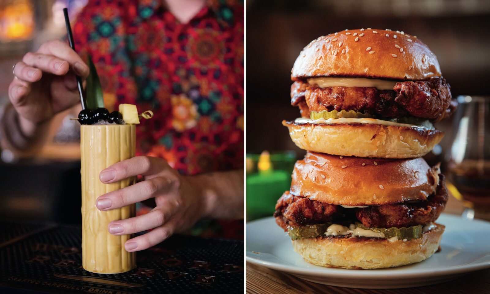 A collage of two images: a man holds a yellow tiki drink at a bar; a stack of two fried chicken sandwiches on a plate.